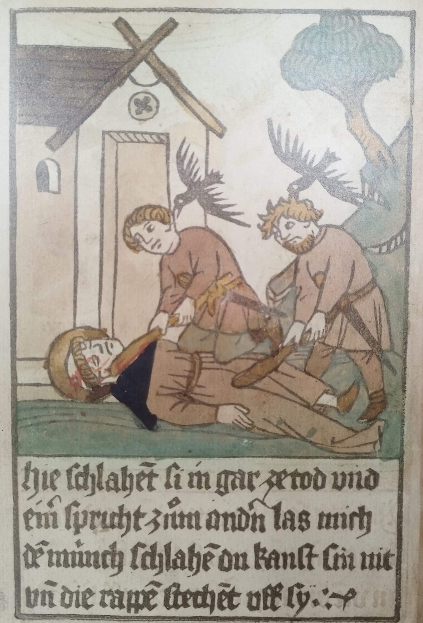 Two robbers named Richard and Peter, whom Meinrad believes to be pilgrims, attack the hermit and beat him to death with clubs.