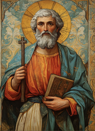 Religiöse Ikonenmalerei mit Heiligenschein und Kreuz, Buch , Heiliger Apostel Thomas
