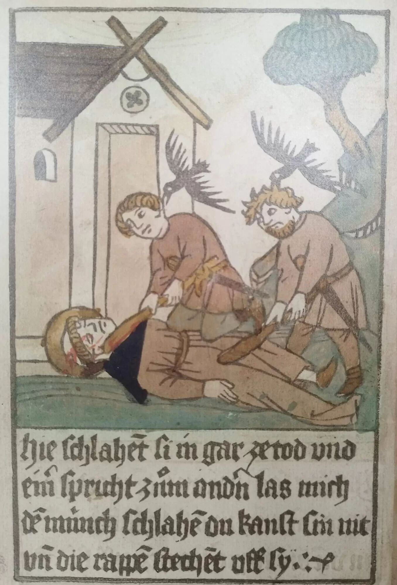 Two robbers named Richard and Peter, whom Meinrad believes to be pilgrims, attack the hermit and beat him to death with clubs. Two robbers named Richard and Peter, whom Meinrad believes to be pilgrims, attack the hermit and beat him to death with clubs.