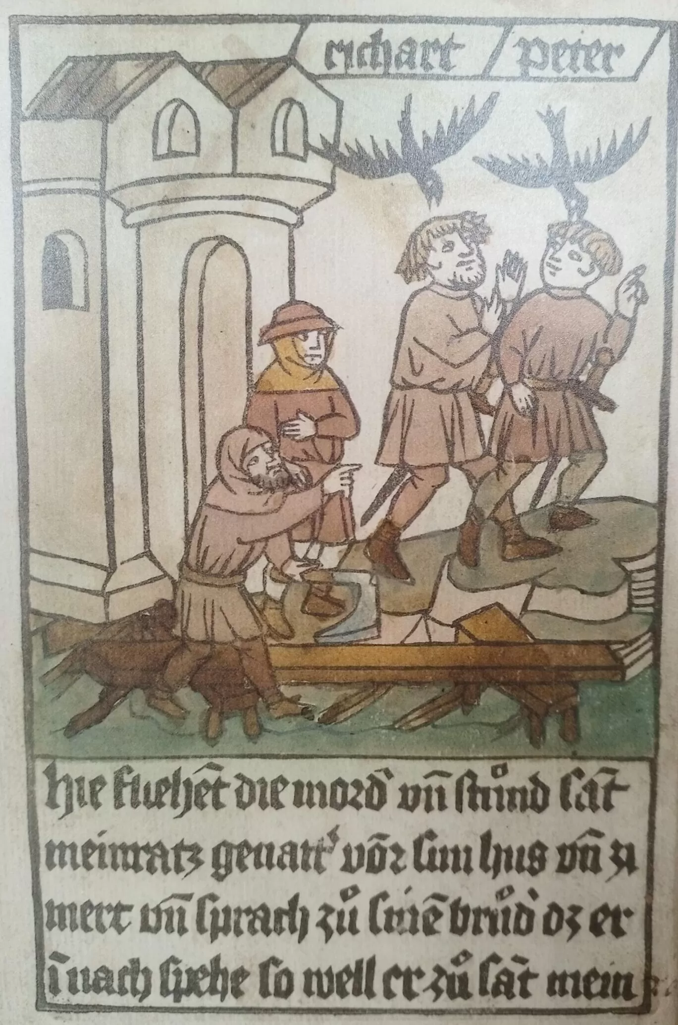 Meinrad’s two ravens pursue the robbers to Zurich, where they are recognized. Meinrad’s two ravens pursue the robbers to Zurich, where they are recognized.