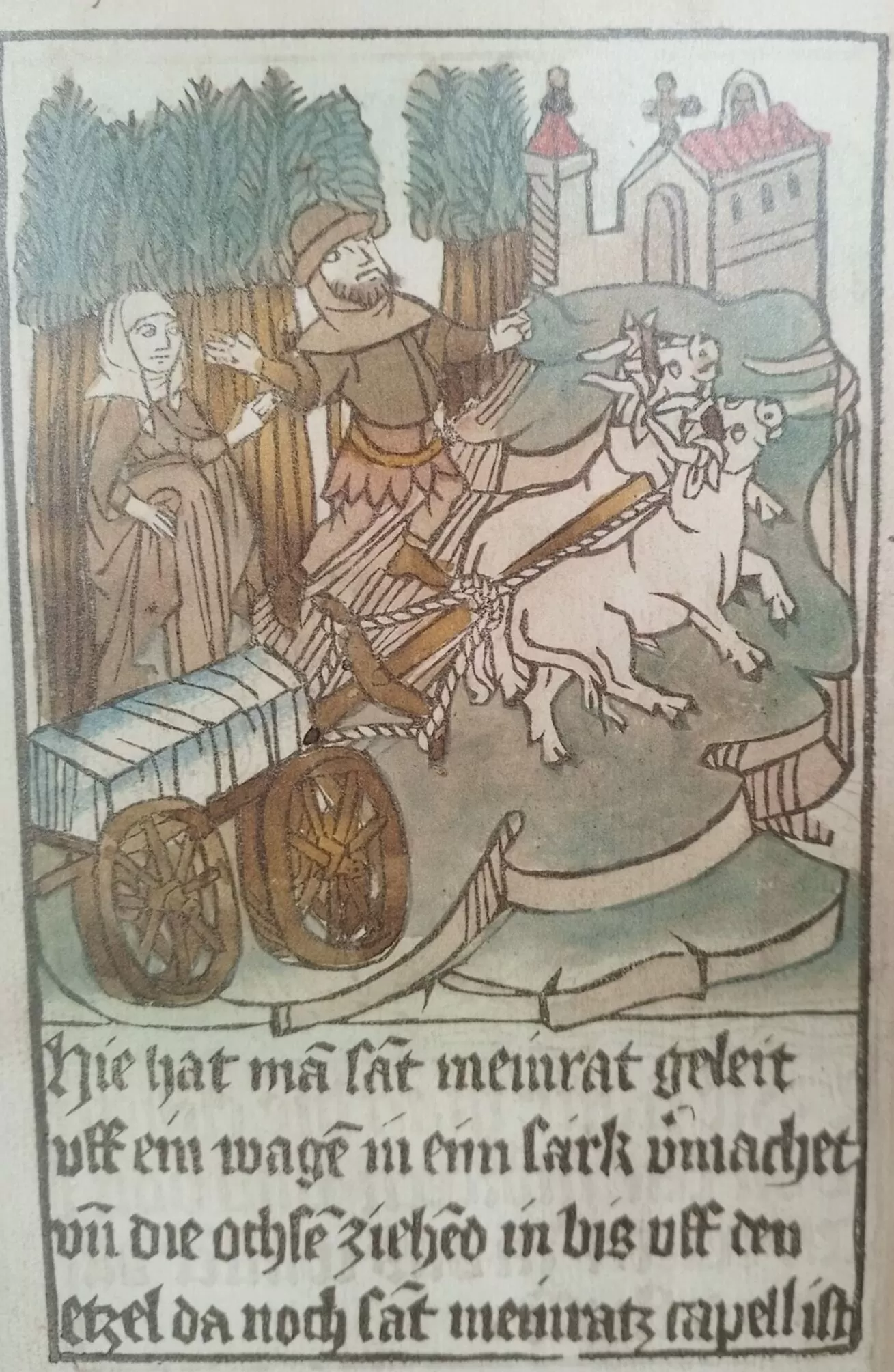 Meinrad’s body is pulled on an ox cart across the Etzel, where his first chapel stands. Meinrad’s body is pulled on an ox cart across the Etzel, where his first chapel stands.