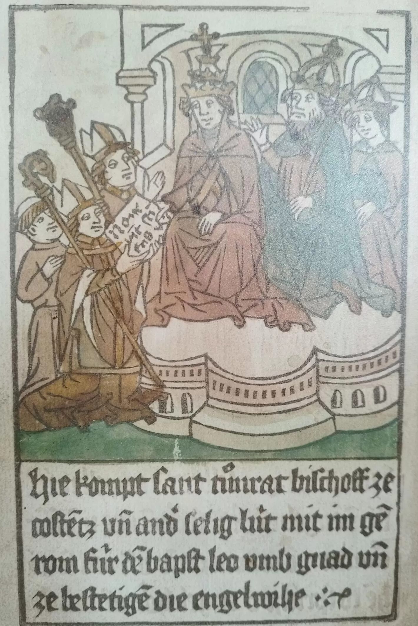 Pope Leo VIII and Emperor Otto I confirm the authenticity of the consecration of the angels with a document that they give to Bishop Conrad of Constance. This confirmation is of great importance because of the pilgrimage. Pope Leo VIII and Emperor Otto I confirm the authenticity of the consecration of the angels with a document that they give to Bishop Conrad of Constance. This confirmation is of great importance because of the pilgrimage.