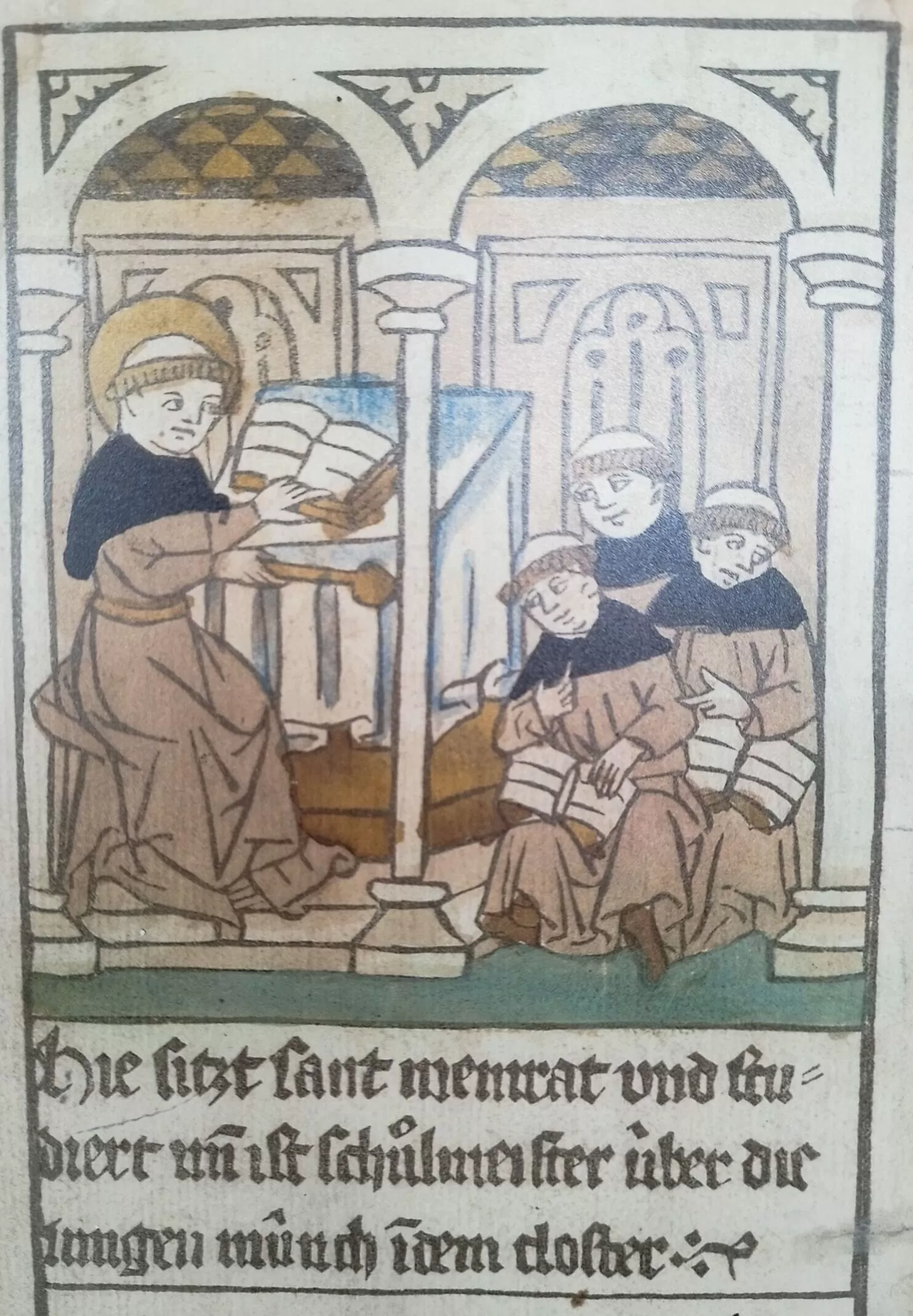 Meinrad becomes a schoolmaster and teaches the young students. Meinrad becomes a schoolmaster and teaches the young students.