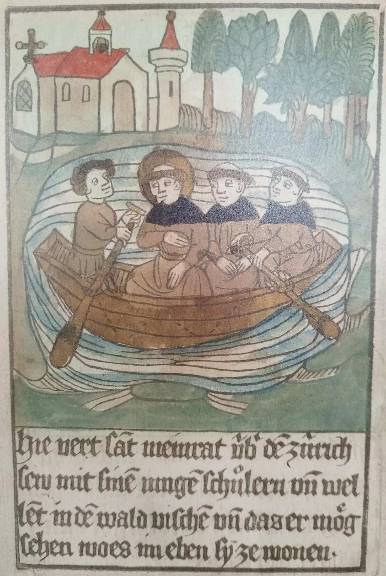 Meinrad is rowing with his students on Lake Zurich. From the boat he can see the place where he wants to build his cell. Meinrad is rowing with his students on Lake Zurich. From the boat he can see the place where he wants to build his cell.