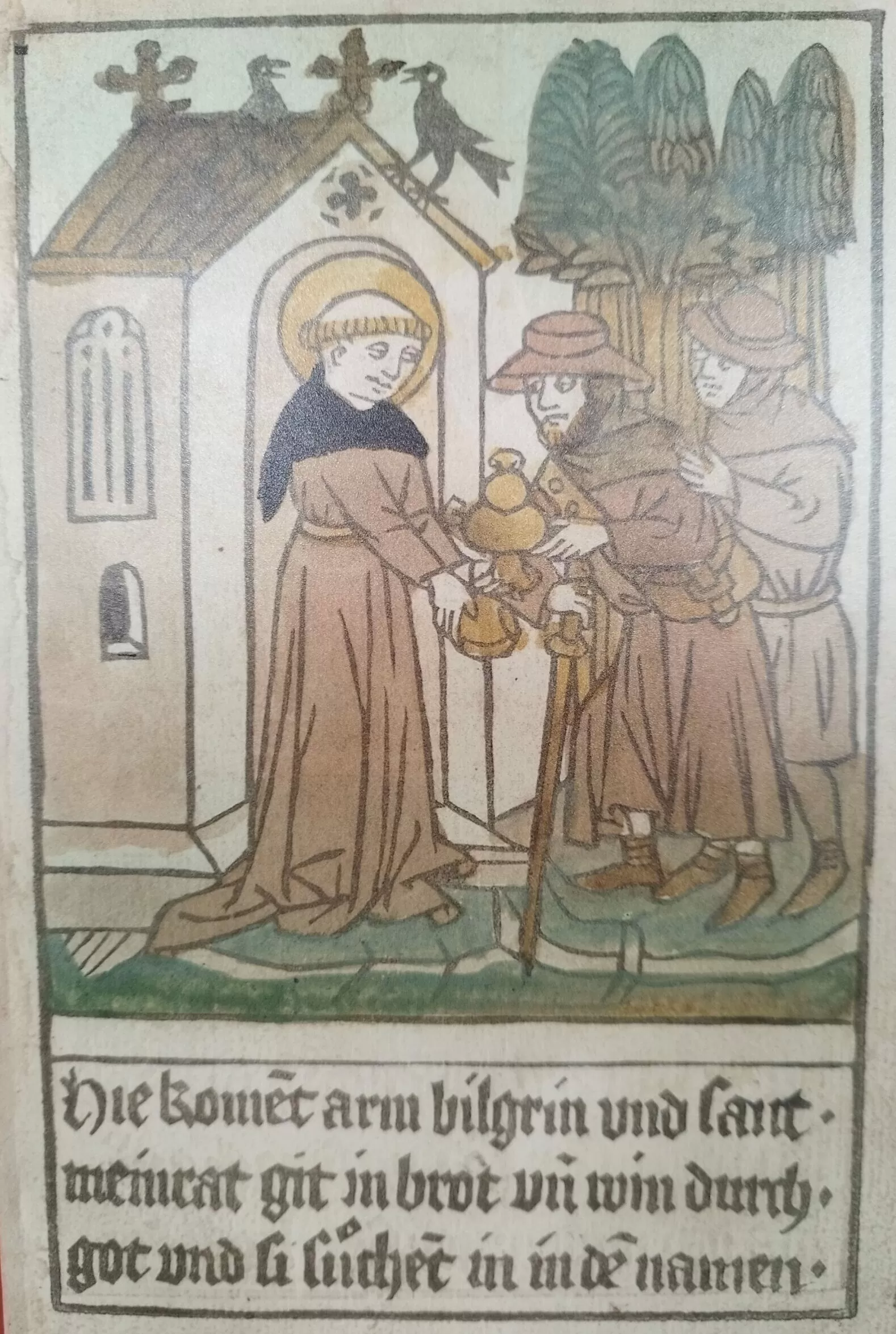 Meinrad gives poor pilgrims bread and wine. Meinrad gives poor pilgrims bread and wine.