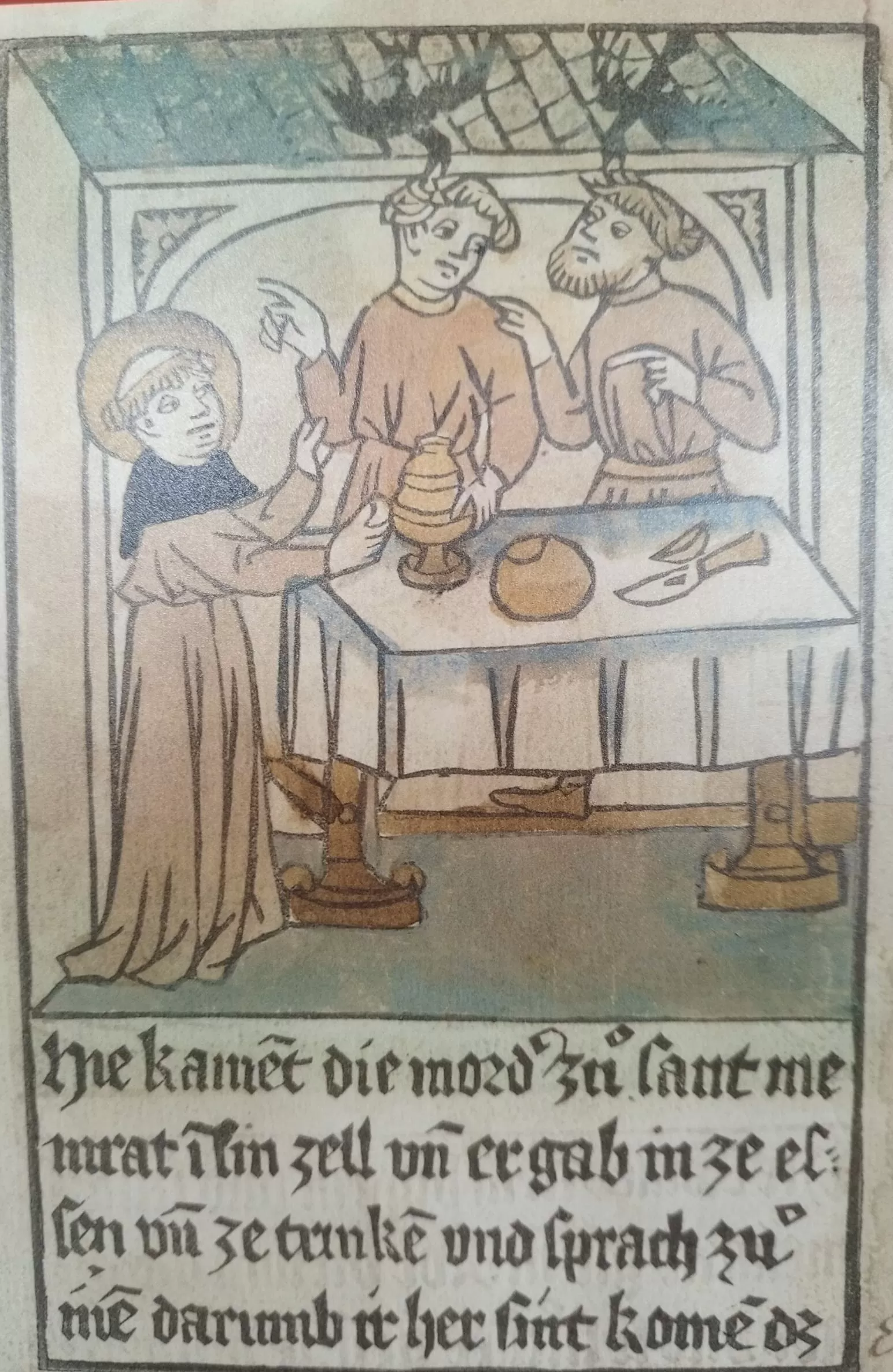 Meinrad gives his murderers something to eat and drink in his cell. Meinrad's two ravens suspect something bad. Meinrad gives his murderers something to eat and drink in his cell. Meinrad's two ravens suspect something bad.